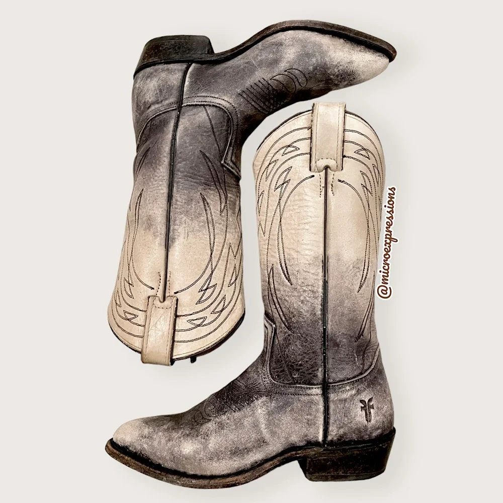 $499 Frye Billy Pull On Ombre Distressed Vintage Black White Western Cowboy Boot - Picture 1 of 13